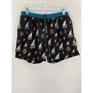 Vintage 90s Pacific Scene Swim Sailboat Trunks Mesh Lined LARGE Men Beach Shorts